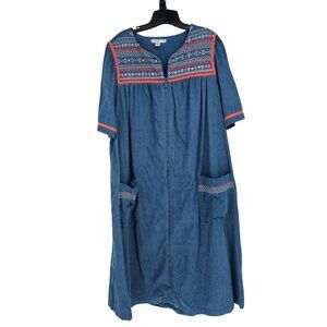 Go Softly Patio Dress 1X Blue Embroidered Denim Zip Front Maxi Midi Cottagecore